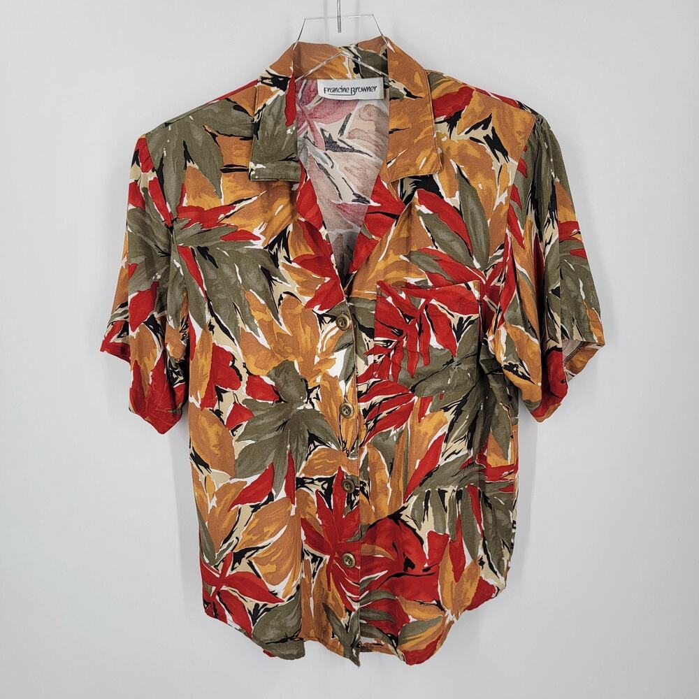 Francine Browner Shirt Womens Medium Red Olive Orange Floral Hawaiian Button Up